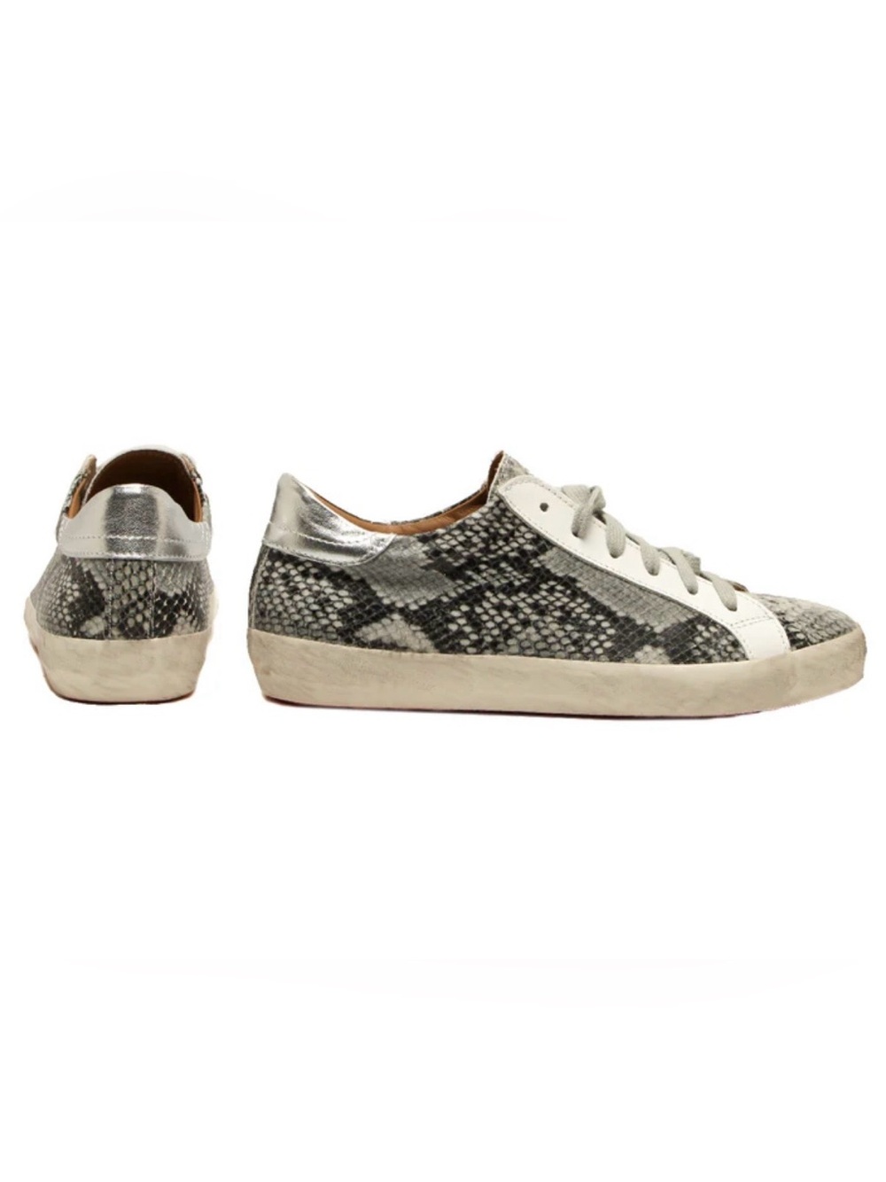 Gemma Snake-Print Lace-Up Sneakers in Grey and Silver